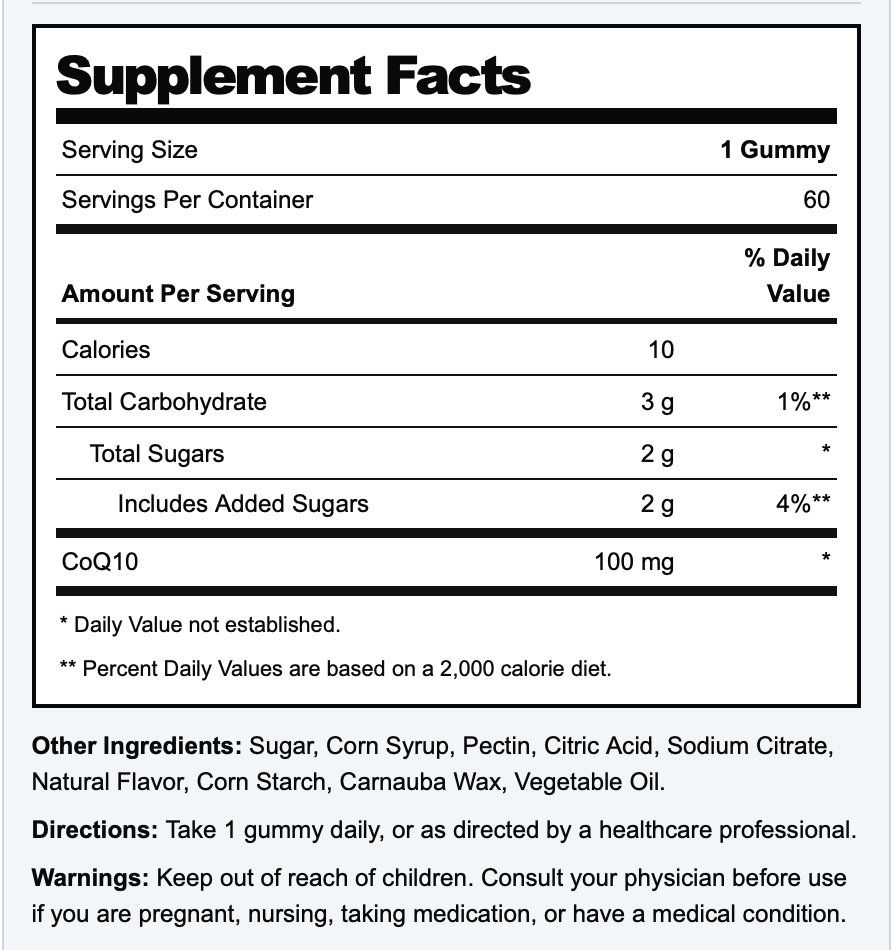 CoQ10-100 Supplement Facts