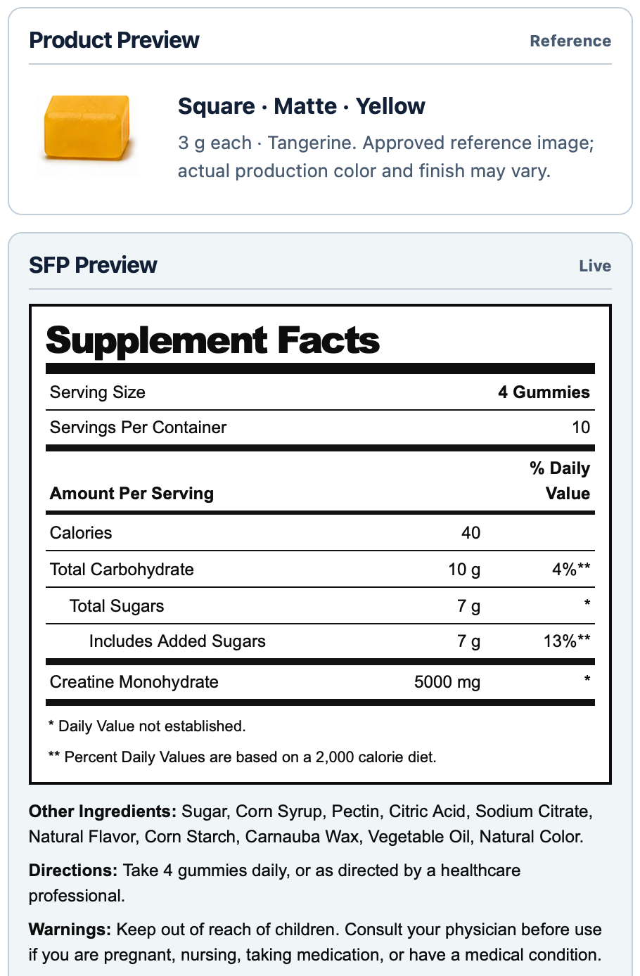 Creatine 1.25g Square Supplement Facts